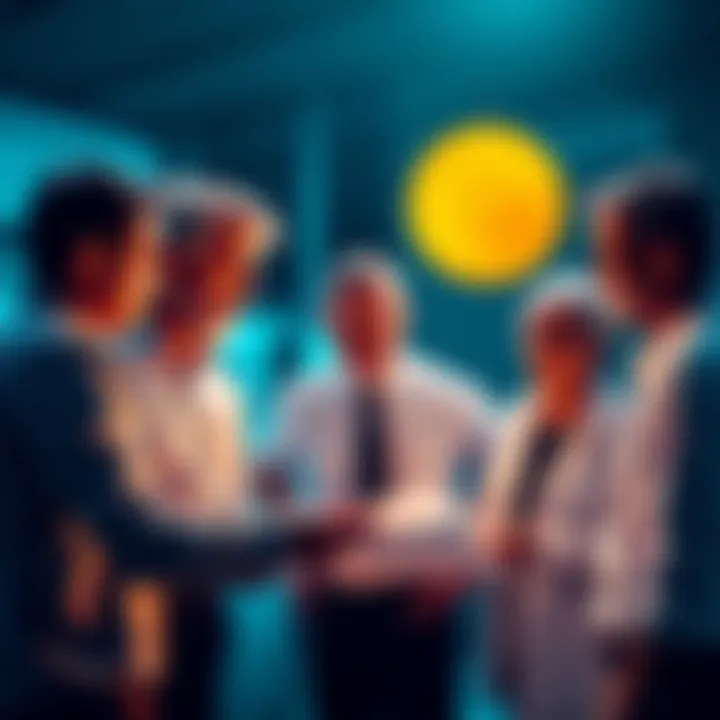 A group of business people discussing plans for a profitable Bitcoin company aiming for public markets