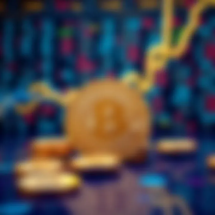 A digital representation of Bitcoin with a focus on coins and a database in the background, symbolizing its value as numbers rather than physical currency.