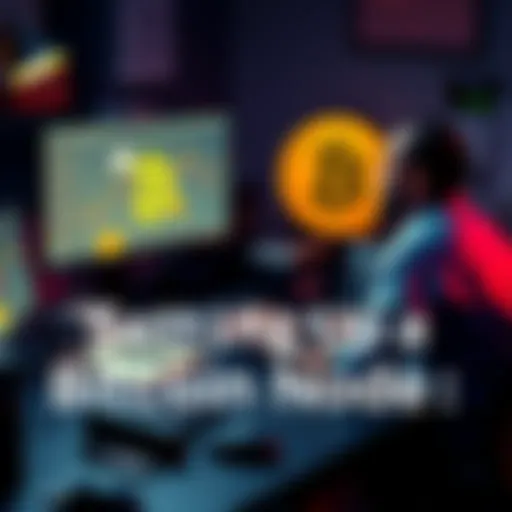 A person sitting at a desk with a computer setup, configuring Bitcoin Core software, with notes and tools around them.