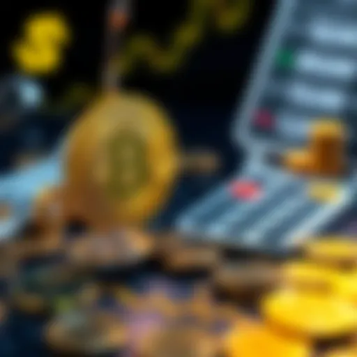 A visual representation of Bitcoin being mixed and its cost basis calculation, with a calculator and currency symbols in the background.