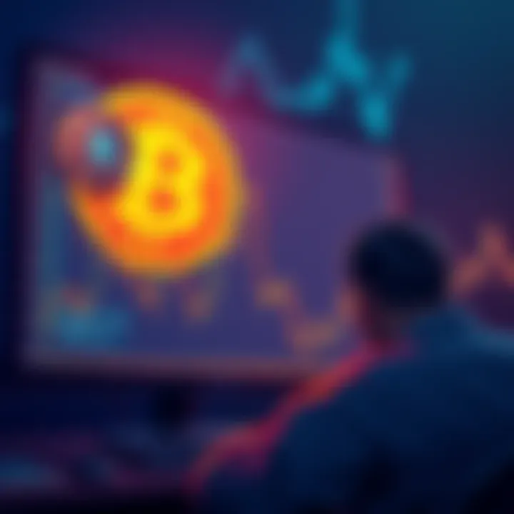 A graph showing a steep decline in Bitcoin prices with a worried investor looking at a screen.