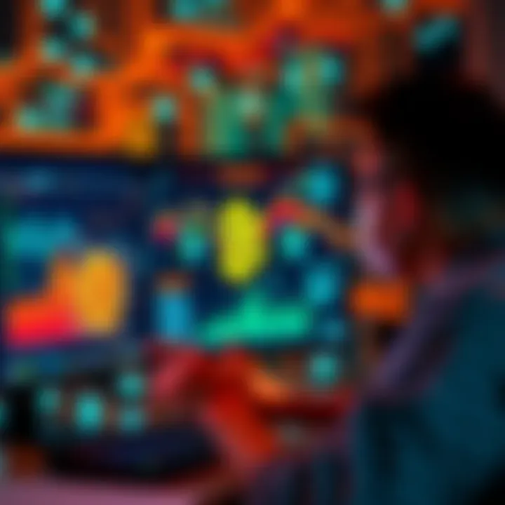 A person analyzing Bitcoin data on a computer screen with cybersecurity icons in the background.