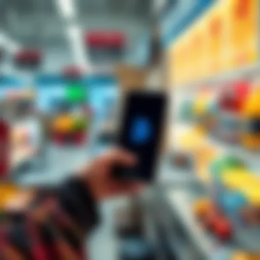 A person using a smartphone to pay for groceries with Bitcoin at a checkout counter