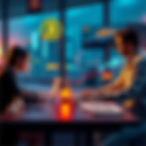 Two people discussing Bitcoin's value at a table with charts and graphs on a laptop