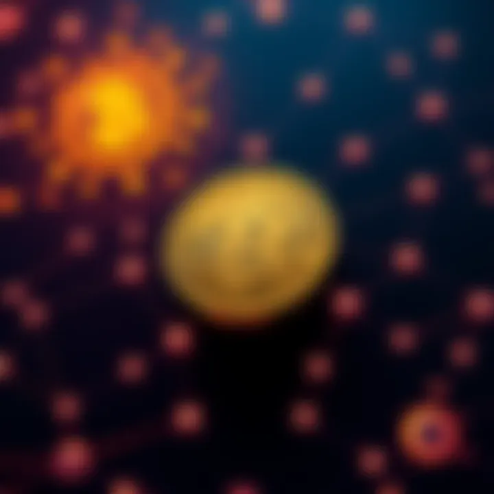 A Bitcoin symbol surrounded by a graphic illustrating a decentralized network with various nodes connecting