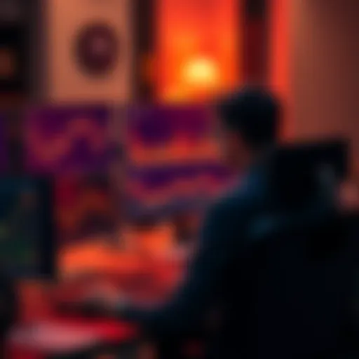 A person sitting at a desk looking at a computer screen with Bitcoin charts, appearing thoughtful about investing again.
