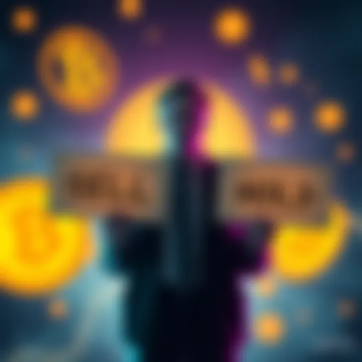 A person holding two signs, one saying 'Sell' and the other 'Hold', with Bitcoin symbols in the background