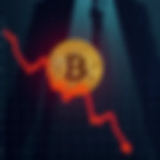 A graph showing the downward trend of Bitcoin prices with shadows of figures in suits collecting money in the background.