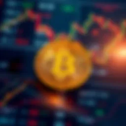 A golden Bitcoin symbol representing its value and stability, surrounded by fluctuating stock market graphs depicting ups and downs.