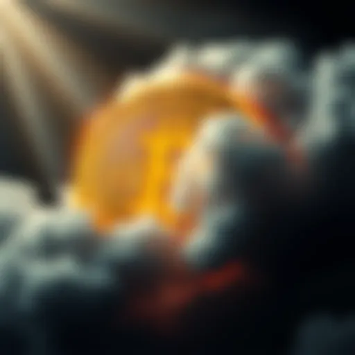 A shiny gold Bitcoin surrounded by dark clouds representing global uncertainty