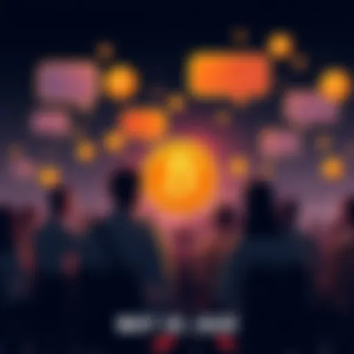 A graphic showing people engaging in a Bitcoin forum conversation, with digital currency icons and chat bubbles around them.