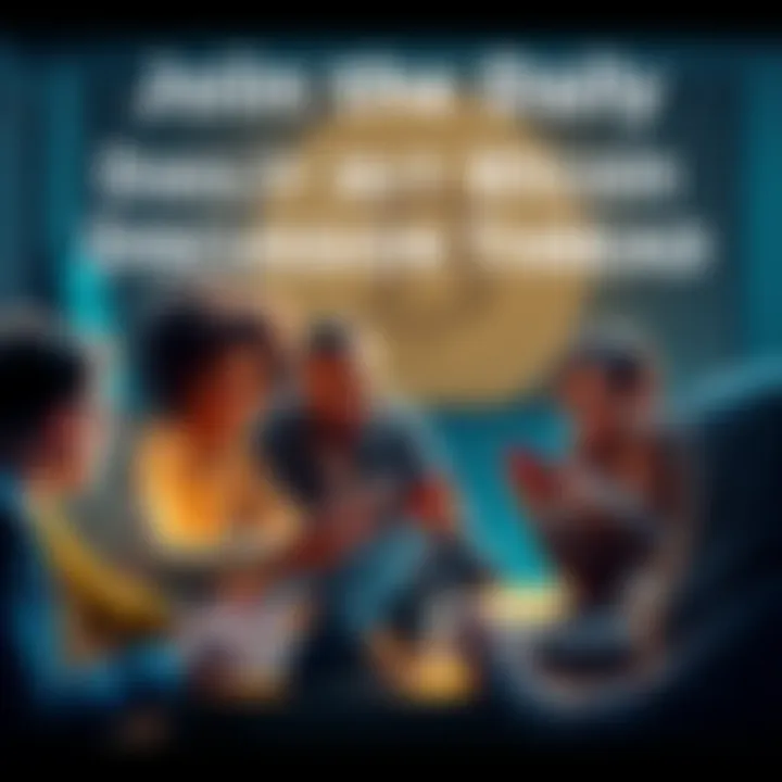 A group of people discussing Bitcoin with laptops and phones