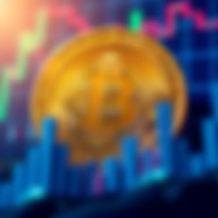A close-up of a Bitcoin coin with a stock dividend graph in the background.