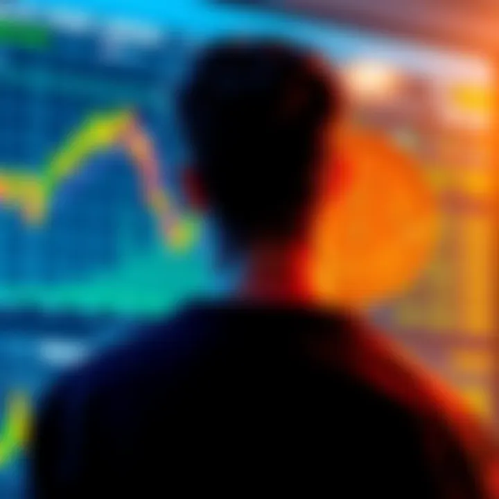 A person contemplating investment strategy while looking at a Bitcoin chart showing a downward trend, emphasizing the importance of dollar-cost averaging during bear markets.