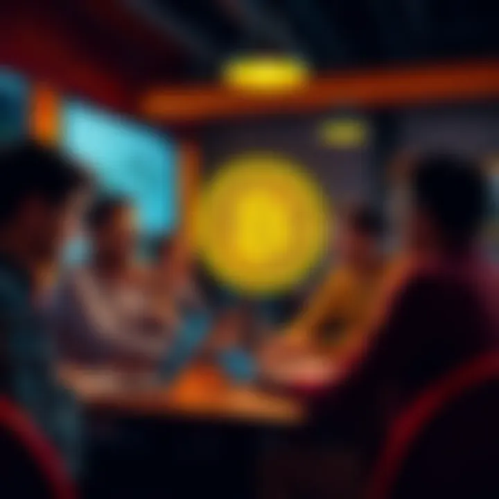 A group of people discussing Bitcoin at a casual meetup, with laptops and crypto charts visible.