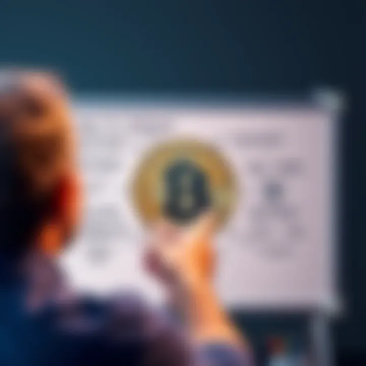 A person explaining Bitcoin with a whiteboard showing basic concepts like digital currency and blockchain.