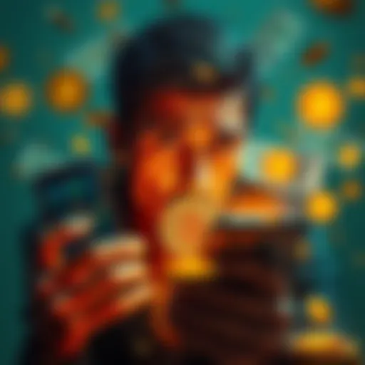 A person looking at a Bitcoin chart on their phone with a worried expression, surrounded by bills and coins, symbolizing financial struggle and lack of knowledge