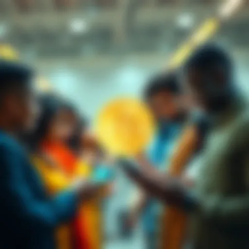 A diverse group of people using smartphones to manage Bitcoin transactions, symbolizing financial inclusivity.