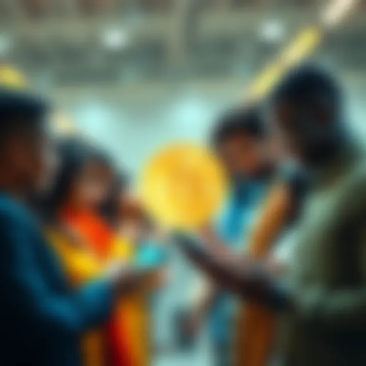 A diverse group of people using smartphones to manage Bitcoin transactions, symbolizing financial inclusivity.