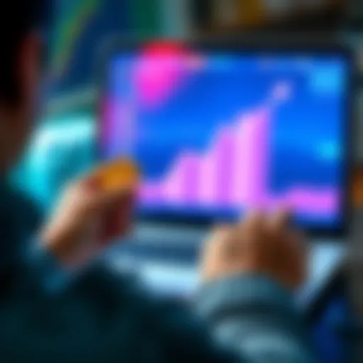 A person looking at a bright upward trend graph on a laptop screen while holding Bitcoin coins, symbolizing optimism about Bitcoin's long-term performance.