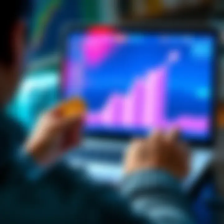 A person looking at a bright upward trend graph on a laptop screen while holding Bitcoin coins, symbolizing optimism about Bitcoin's long-term performance.