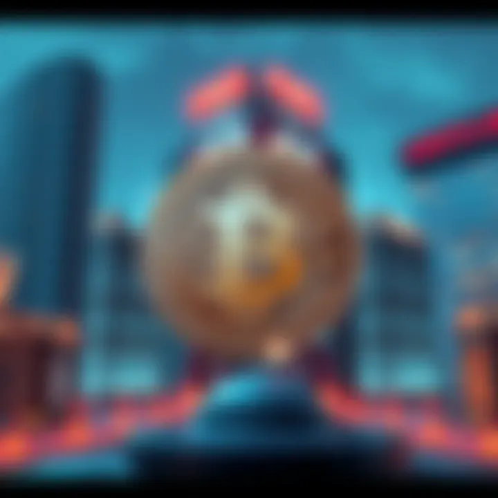 A digital representation of Bitcoin surrounded by financial buildings, symbolizing institutional interest in cryptocurrency.