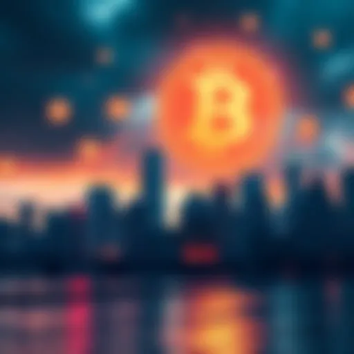 A futuristic city skyline with digital Bitcoin symbols floating in the sky, symbolizing market predictions for 2040.