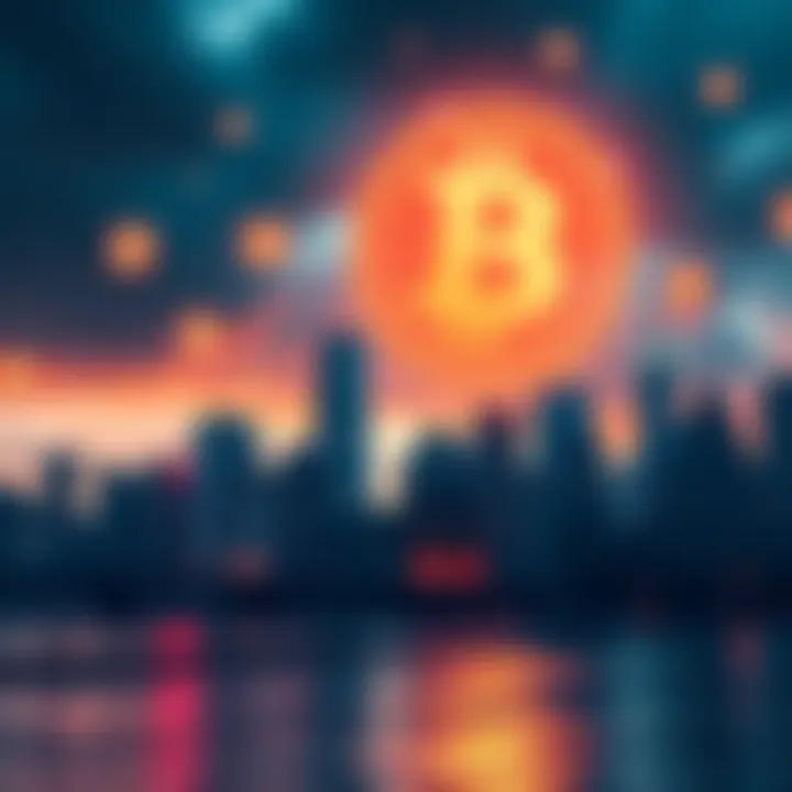 A futuristic city skyline with digital Bitcoin symbols floating in the sky, symbolizing market predictions for 2040.