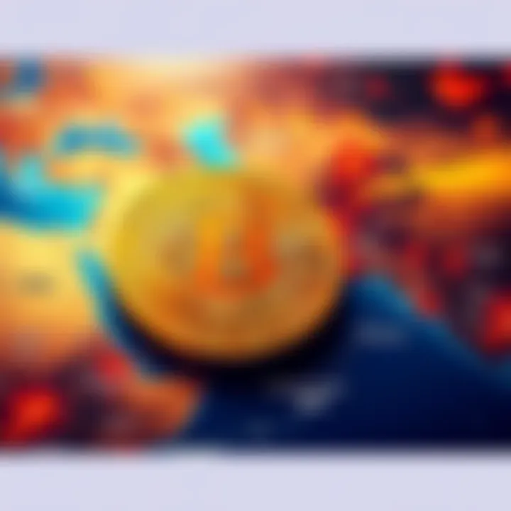 A Bitcoin symbol overlaid on a map highlighting geopolitical hotspots, including Iran and the Strait of Hormuz; representing Bitcoin's role in global finance.