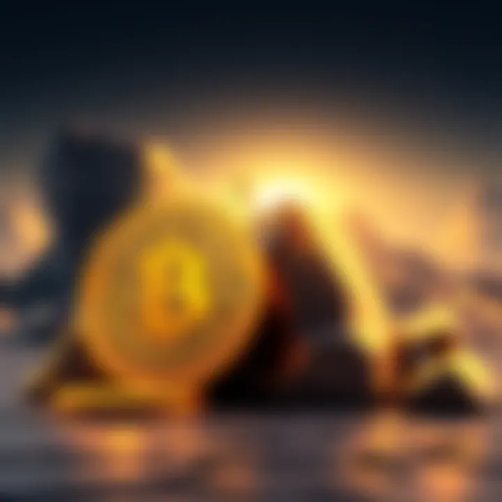 An illustration showing a rising gold price chart next to a falling Bitcoin price chart, symbolizing the market trend shift.