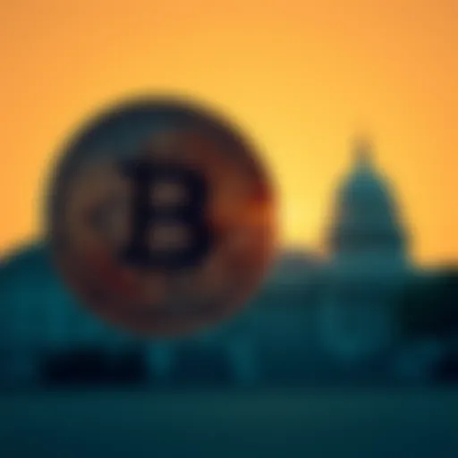 A visual representation of Bitcoin with a shadow of government buildings in the background, symbolizing oversight and control.