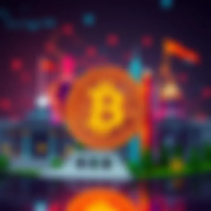 Bitcoin symbol with government and finance building icons around it, representing regulation and involvement.
