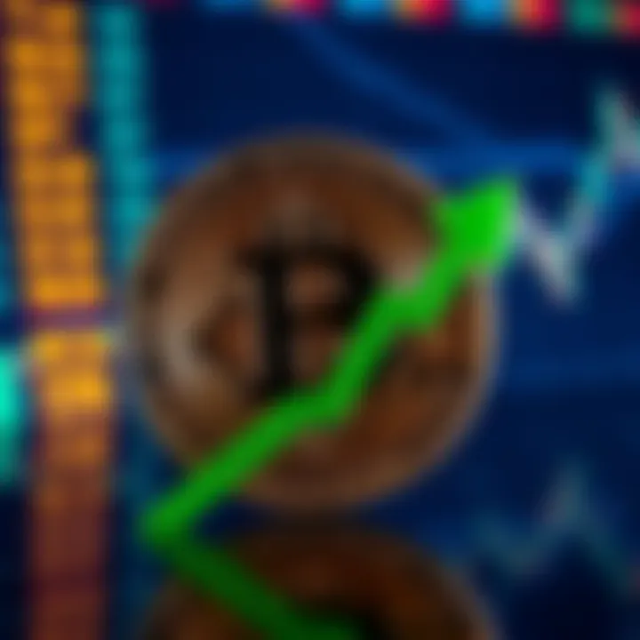 A Bitcoin symbol with a green upward arrow indicating growth, set against a financial chart background