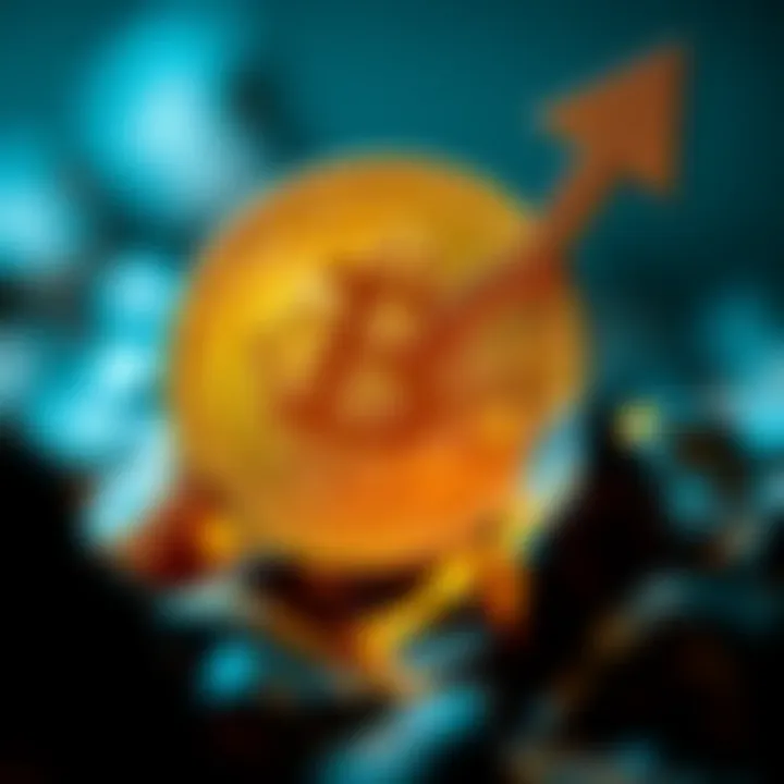 Bitcoin symbol with upward arrow A Bitcoin symbol with an upward arrow, representing growth in value.