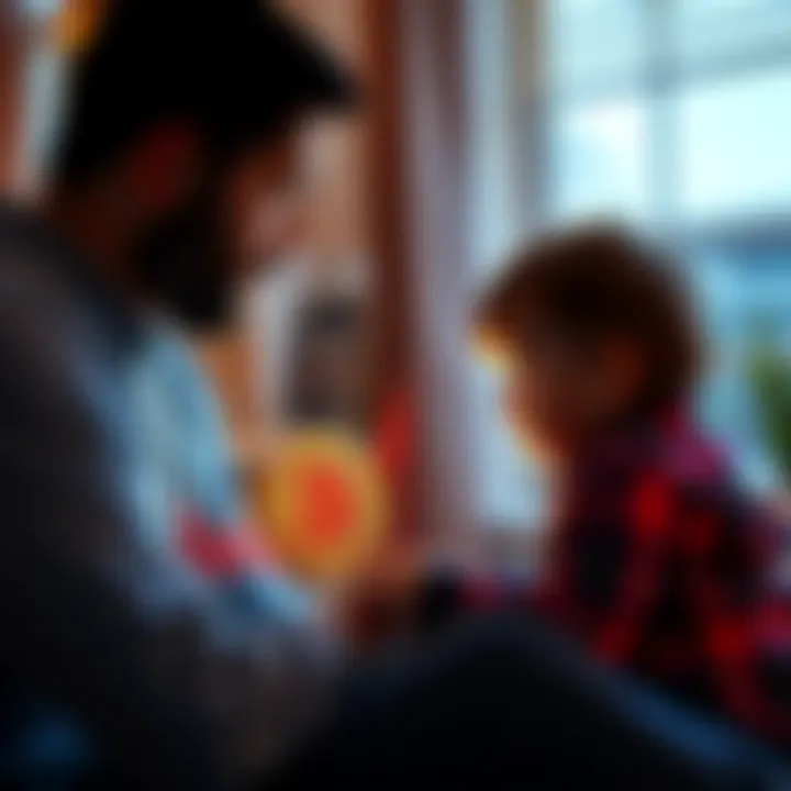 A parent looks at a chart showing Bitcoin growth with their child playing nearby, illustrating investment potential for the future.
