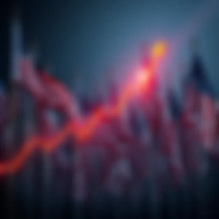 A graphic showing a rising Bitcoin trend line with U.S. flags in the background, symbolizing political elections and cryptocurrency stability.