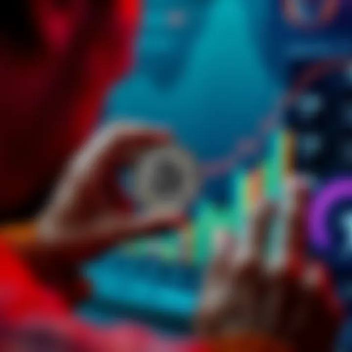 A person holding a Bitcoin coin, looking at a chart showing growth over ten years, with a target of reaching 1 BTC in the future.