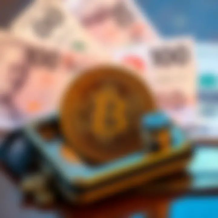 A secure hardware wallet displaying Bitcoin symbols with currency notes in the background.
