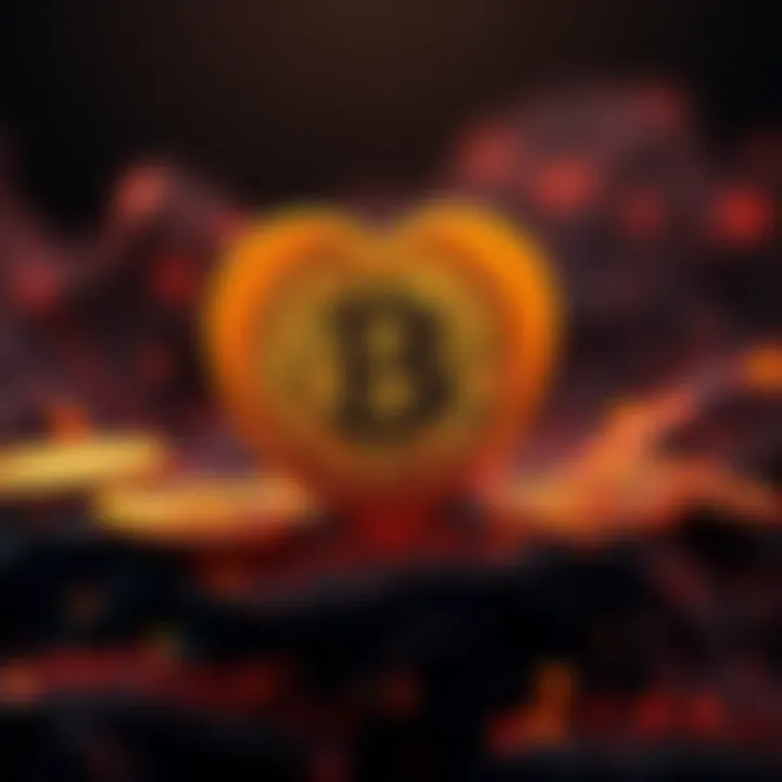 A heart symbol made of gold Bitcoin coins, representing love for cryptocurrency.