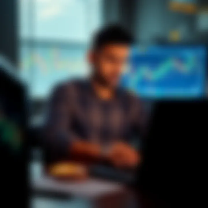 A person analyzing Bitcoin market charts on a laptop while sitting at a desk, showing concern but also determination during a market downturn.
