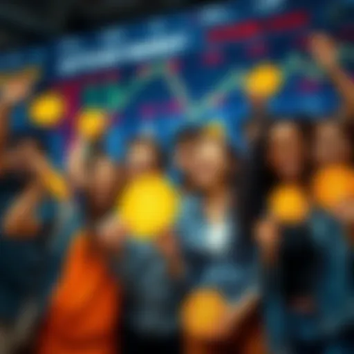 A group of diverse people smiling and celebrating together, holding Bitcoin signs, in front of a stock market display showing positive trends.