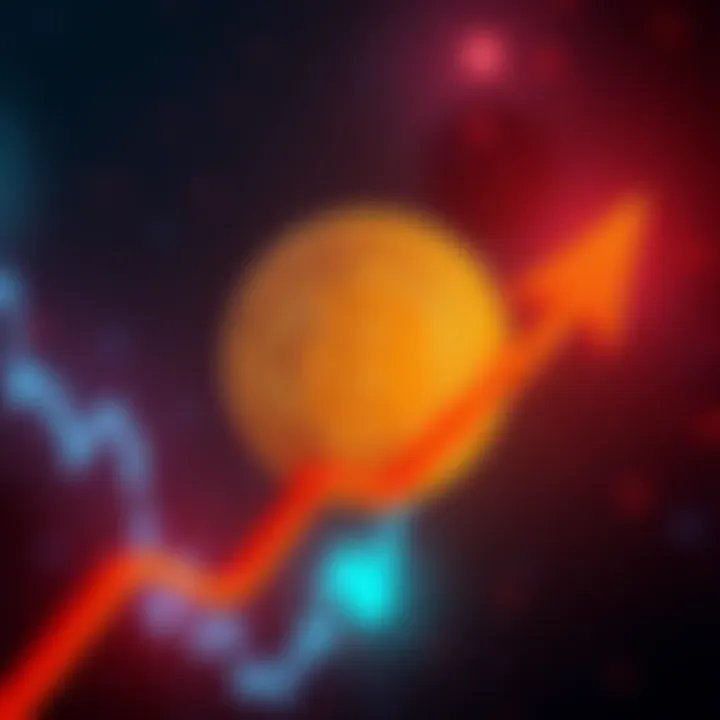 A Bitcoin symbol surrounded by a downward trend arrow, depicting market volatility