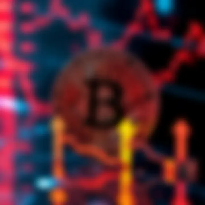 A graphic showing Bitcoin logo with downward arrows representing interest rate cuts, and dollar symbol reflecting market trends.