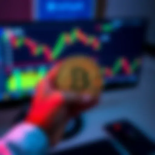 A person holding a physical Bitcoin with a computer screen displaying cryptocurrency charts in the background.