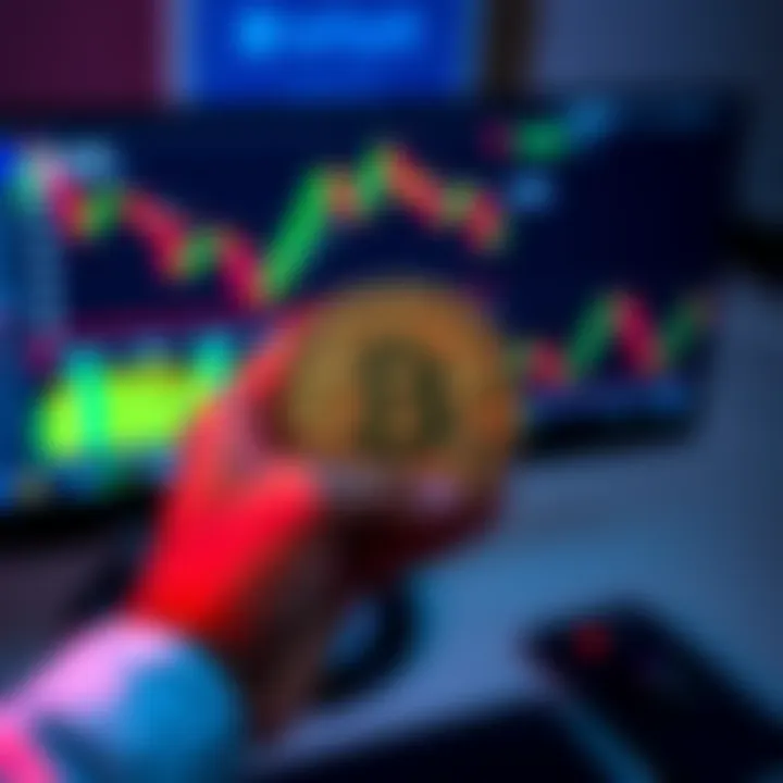 A person holding a physical Bitcoin with a computer screen displaying cryptocurrency charts in the background.