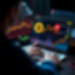 A person analyzing Bitcoin trends on a laptop with charts and graphs displayed