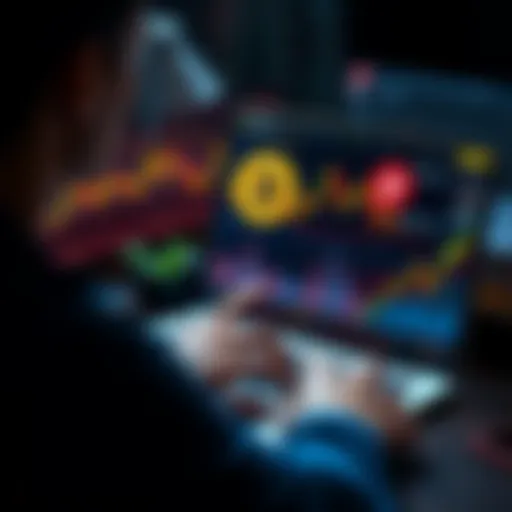 A person analyzing Bitcoin trends on a laptop with charts and graphs displayed