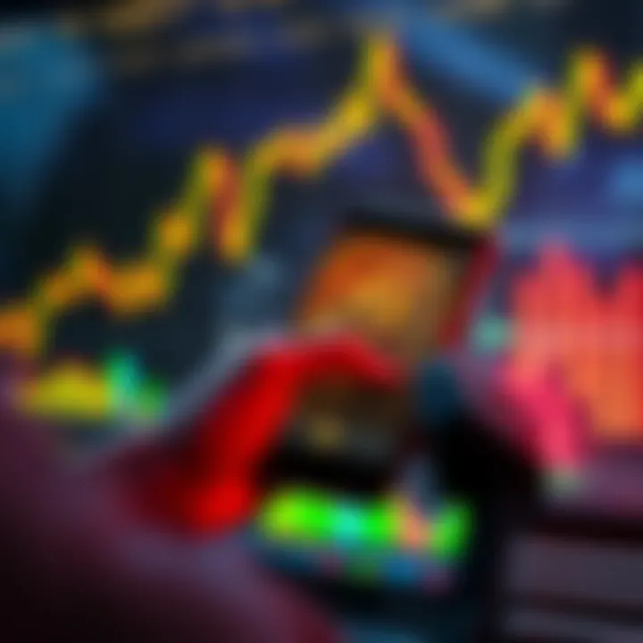 A person using a smartphone to buy Bitcoin, with financial graphics in the background