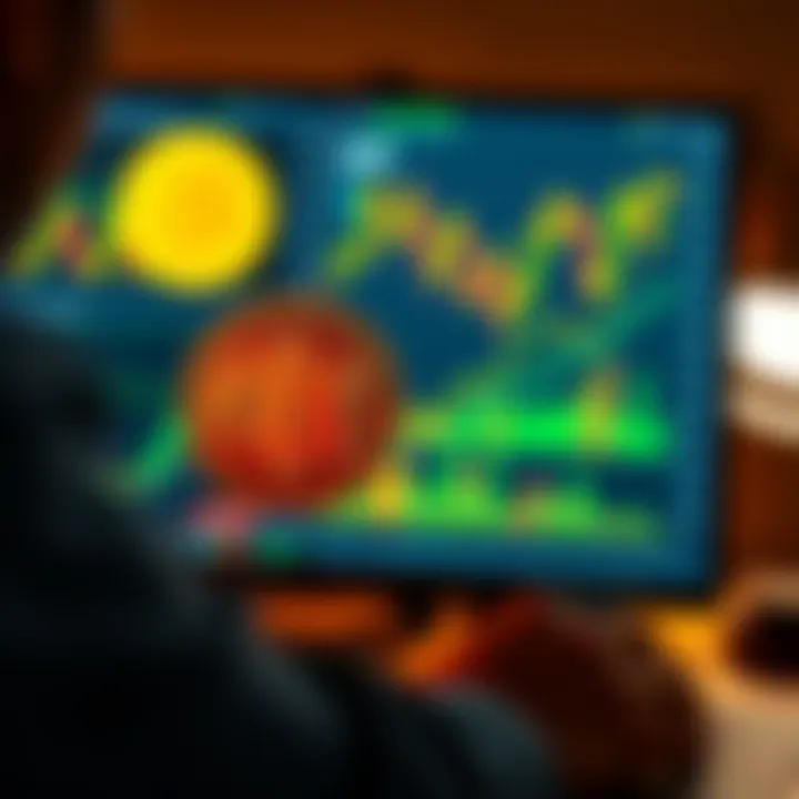A person analyzing Bitcoin charts and graphs on a computer screen, with a Bitcoin symbol displayed prominently in the foreground.