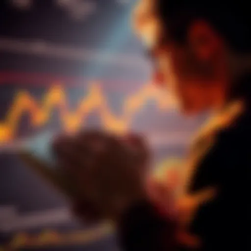 A person looking at a chart of Bitcoin prices while holding dollar bills, symbolizing monthly investments in cryptocurrency.